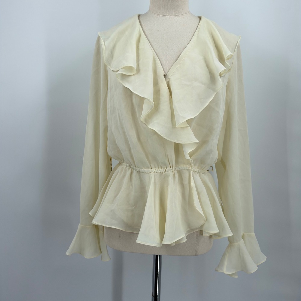 Vintage Caron Chicago Cream Ruffle Peplum Blouse Sheer Chiffon Wrap Top 70s 80s